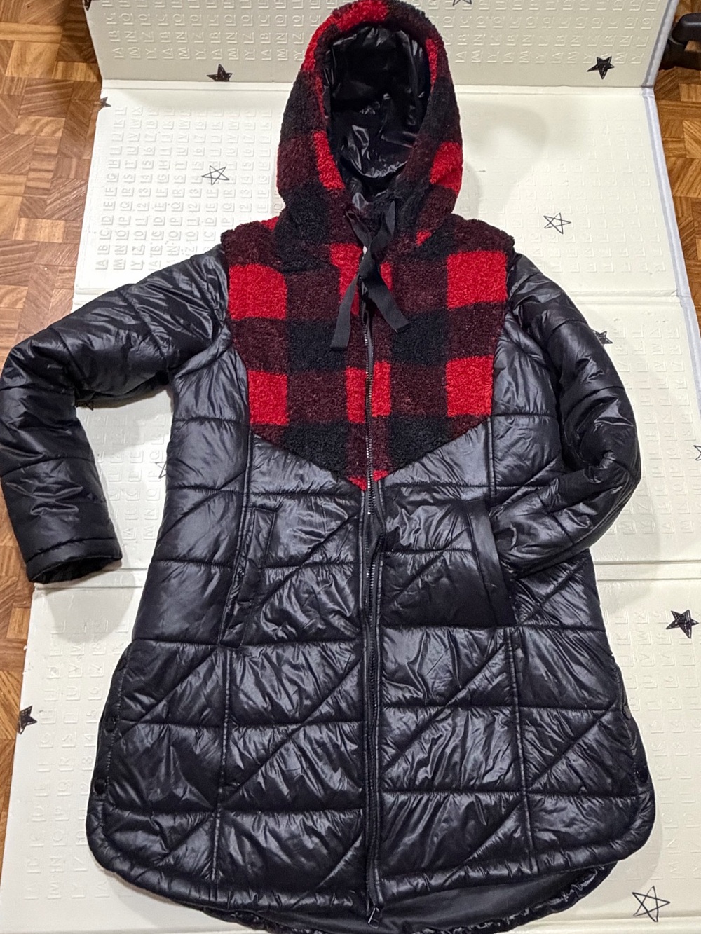 LOGO by Lori Goldstein Black Quilted Puffer Coat with Red & Black Plaid Hood